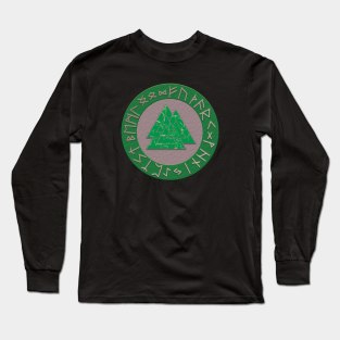 Vikings Distressed Valknut and Runes Green and Silver Long Sleeve T-Shirt